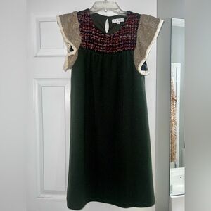 THML Dark Green Knit Sweater Dress with Red-Black Tweed Bodice